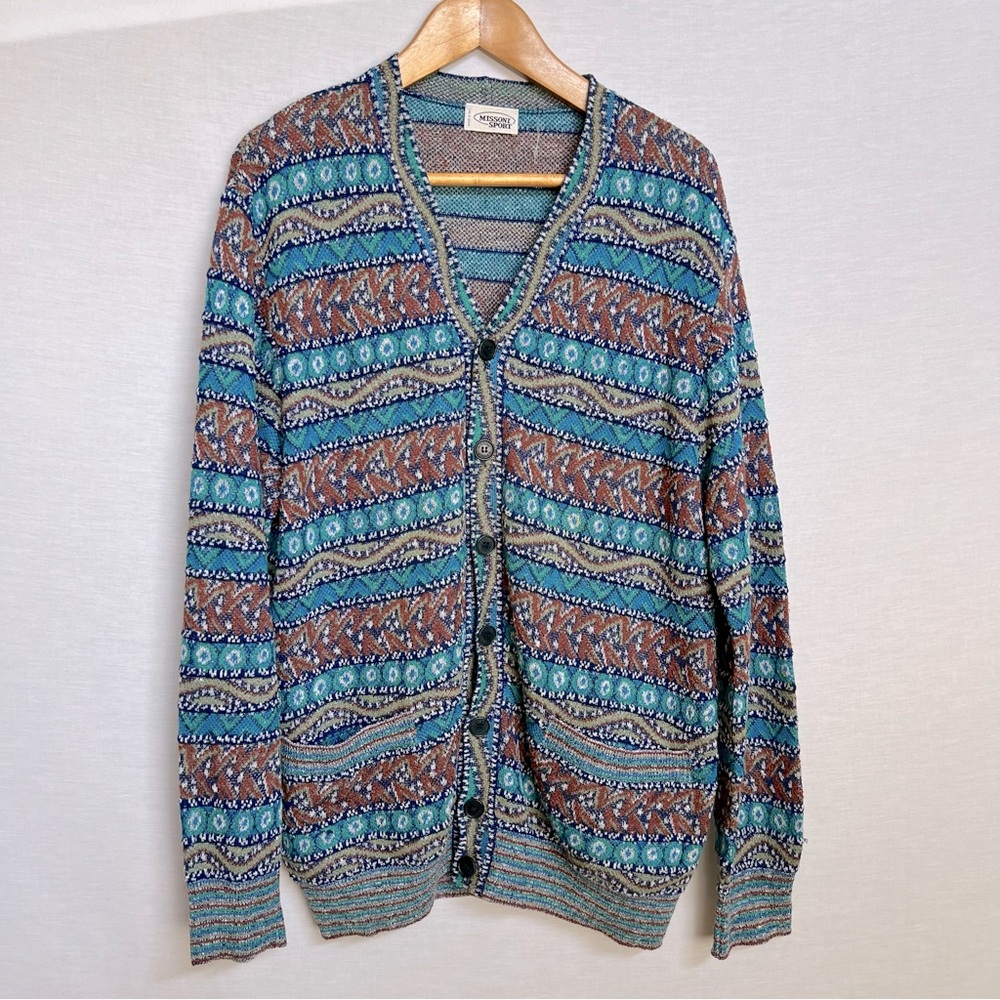 Missoni Sport Blue/Aqua & Brown/Orange Stripes Dad Cardigan. Size 52